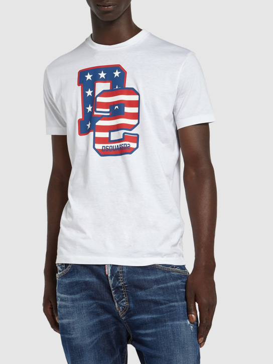 Dsquared2: T-shirt en coton imprimé logo - Blanc - men_1 | Luisa Via Roma