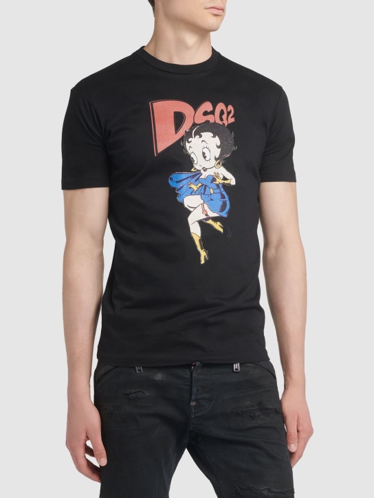Dsquared2: T-shirt Betty Boop in cotone con stampa - Nero - men_1 | Luisa Via Roma