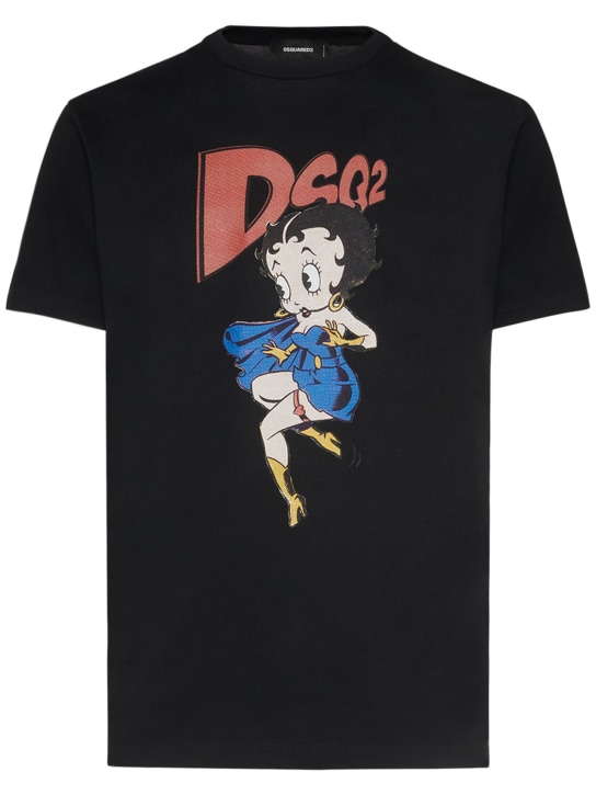 Dsquared2: T-shirt Betty Boop in cotone con stampa - Nero - men_0 | Luisa Via Roma