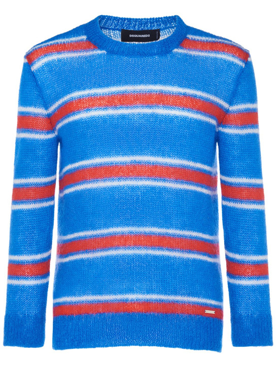 Dsquared2: Suéter de mohair con cuello redondo - Azul/Rojo - men_0 | Luisa Via Roma