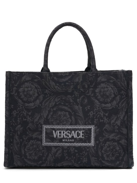 Versace: Large Barocco ジャカードキャンバストートバッグ - ブラック - men_0 | Luisa Via Roma