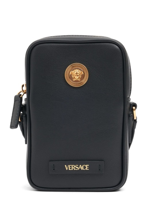 Versace: Medusa leather phone holder - Black/Gold - men_0 | Luisa Via Roma