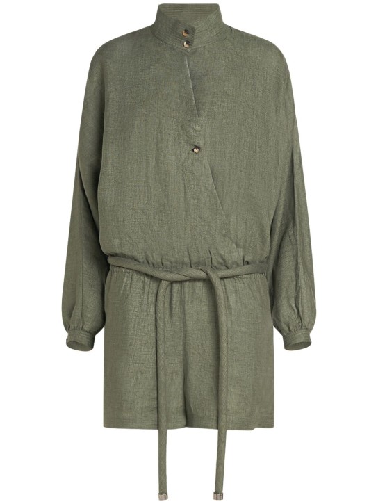 Loro Piana: Rose Solaire belted l/s linen jumpsuit - Green - women_0 | Luisa Via Roma