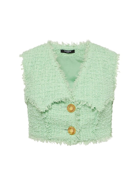 Balmain: Cropped tweed vest - Light Green - women_0 | Luisa Via Roma