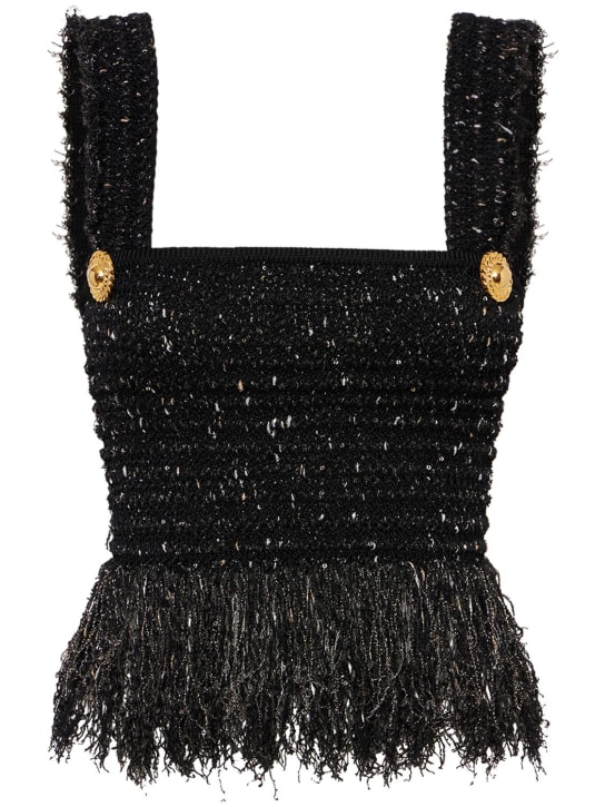 Balmain: Glittered tweed square neck top - Black - women_0 | Luisa Via Roma
