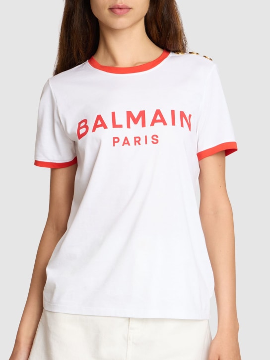 Balmain: Camiseta de jersey con logo estampado - Blanco/Rojo - women_1 | Luisa Via Roma