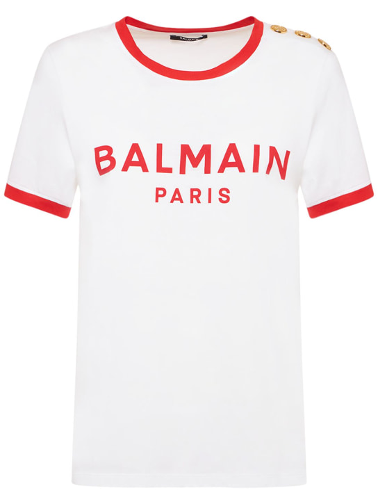 Balmain: Logo印花平纹针织T恤 - 白色/红色 - women_0 | Luisa Via Roma