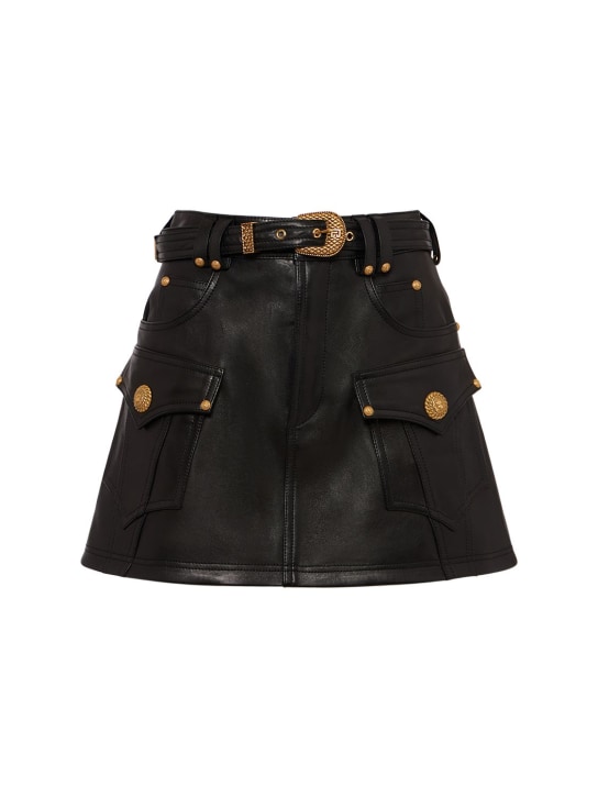 Balmain: Trapeze belted leather mini skirt - Black - women_0 | Luisa Via Roma