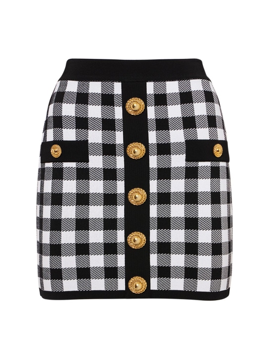 Balmain: Check knit mini skirt - Black/White - women_0 | Luisa Via Roma