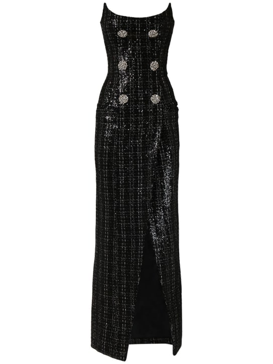 Balmain: Glittered tweed long bustier dress - Black - women_0 | Luisa Via Roma