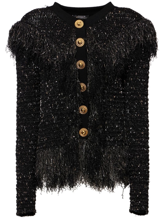 Balmain: Glittered fringed tweed jacket - Black - women_0 | Luisa Via Roma