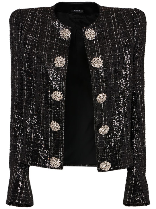 Balmain: Glittered tweed jacket - Black - women_0 | Luisa Via Roma