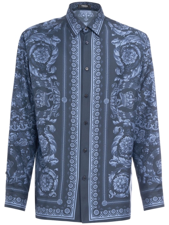 Versace: Camisa de sarga de seda con estampado barroco - Azul Marino - men_0 | Luisa Via Roma