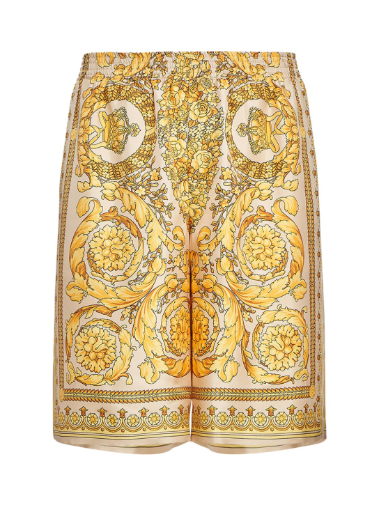 Versace: Shorts de seda con estampado - Champagne - men_0 | Luisa Via Roma