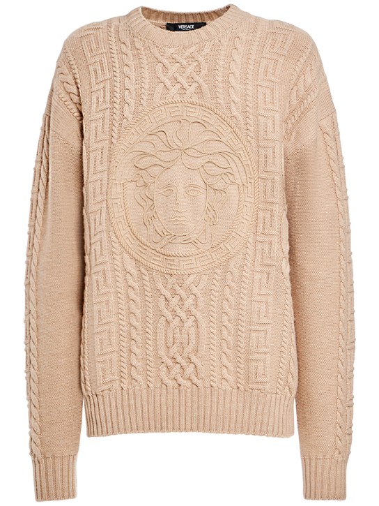 Versace: Suéter de punto de lana bordado - Arena - men_0 | Luisa Via Roma