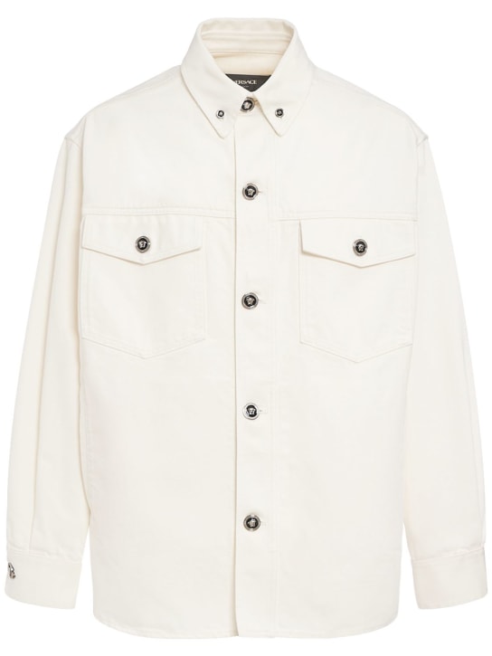 Versace: Camisa de denim de algodón - Blanco - men_0 | Luisa Via Roma