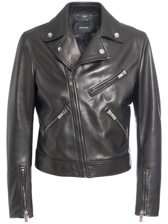 Versace: Leather biker jacket - Siyah - men_0 | Luisa Via Roma