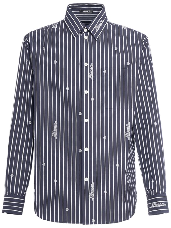 Versace: Camisa de popelina de algodón a rayas - Azul Marino - men_0 | Luisa Via Roma