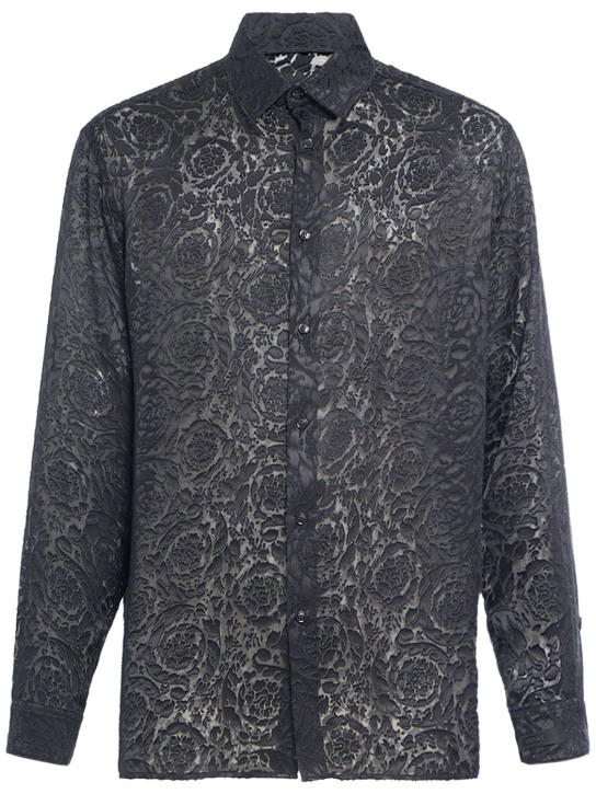 Versace: Barocco printed viscose & silk shirt - Black - men_0 | Luisa Via Roma
