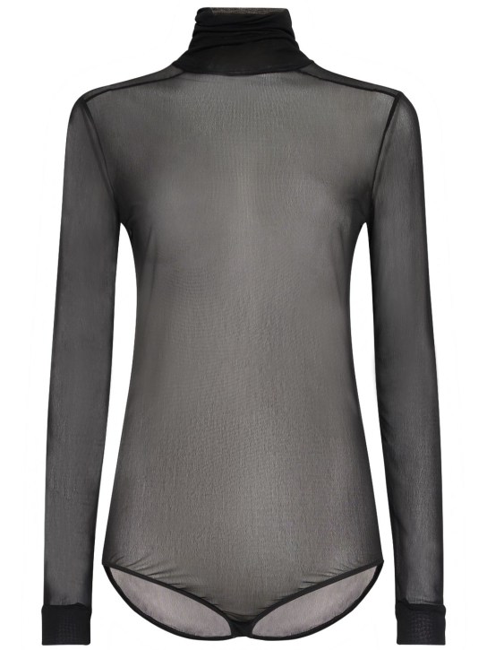 Maison Margiela: Sheer viscose jersey t-neck bodysuit - Siyah - women_0 | Luisa Via Roma