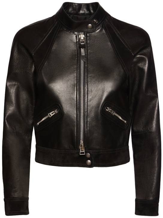 Tom Ford: Leather & suede zipped crop biker jacket - Black - women_0 | Luisa Via Roma
