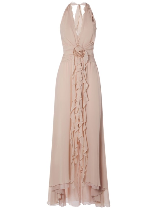 Blumarine: Ruffled silk long halter dress w/rose - women_0 | Luisa Via Roma