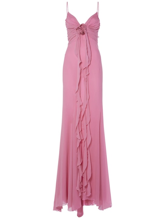Blumarine: Ruffled silk long dress w/rose - women_0 | Luisa Via Roma