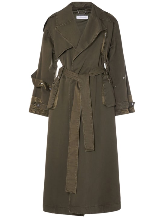 Blumarine: Trench-coat en gabardine de coton avec ceinture - Vert Militaire - women_0 | Luisa Via Roma