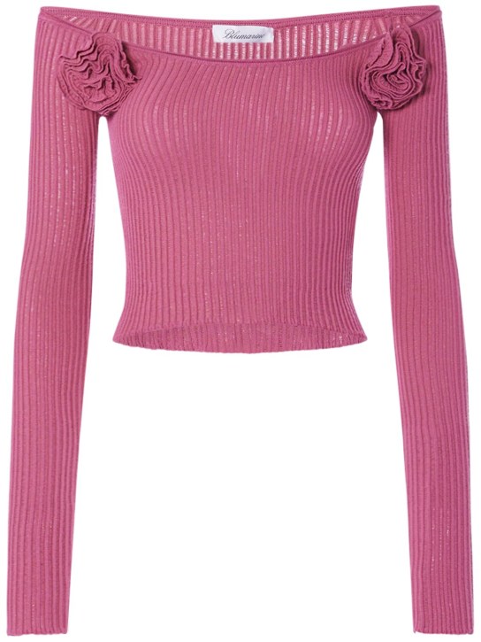 Blumarine: 粘胶纤维针织露肩短款上衣 - 粉色 - women_0 | Luisa Via Roma