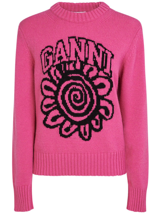 GANNI: Flower logo intarsia wool blend sweater - women_0 | Luisa Via Roma