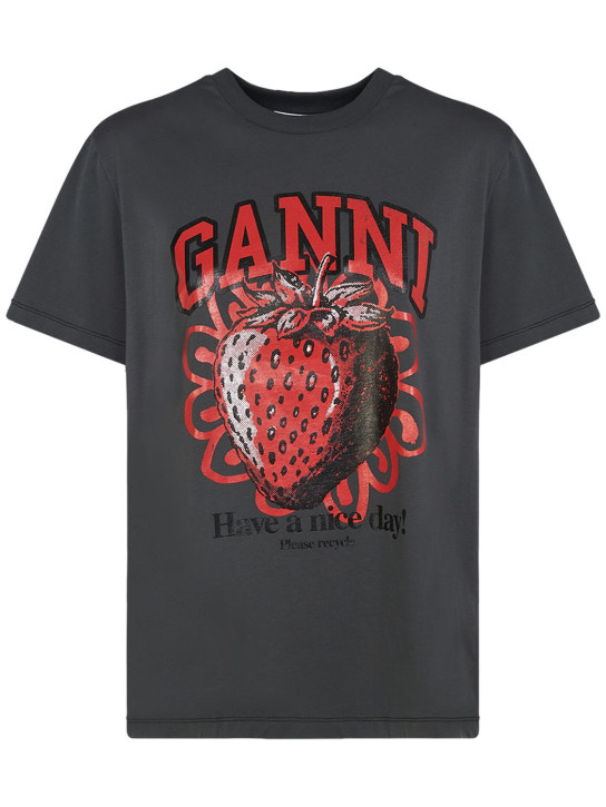 GANNI: T-shirt en jersey de coton imprimé fraise - women_0 | Luisa Via Roma