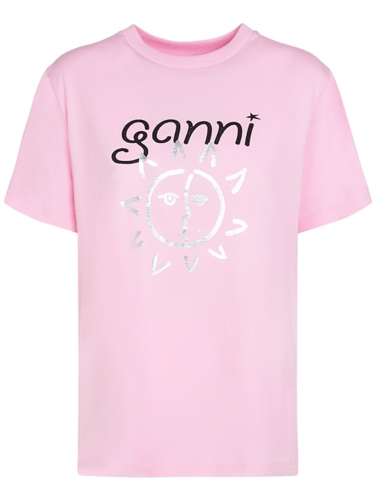 GANNI: Sun印花棉质平纹针织T恤 - 粉色 - women_0 | Luisa Via Roma