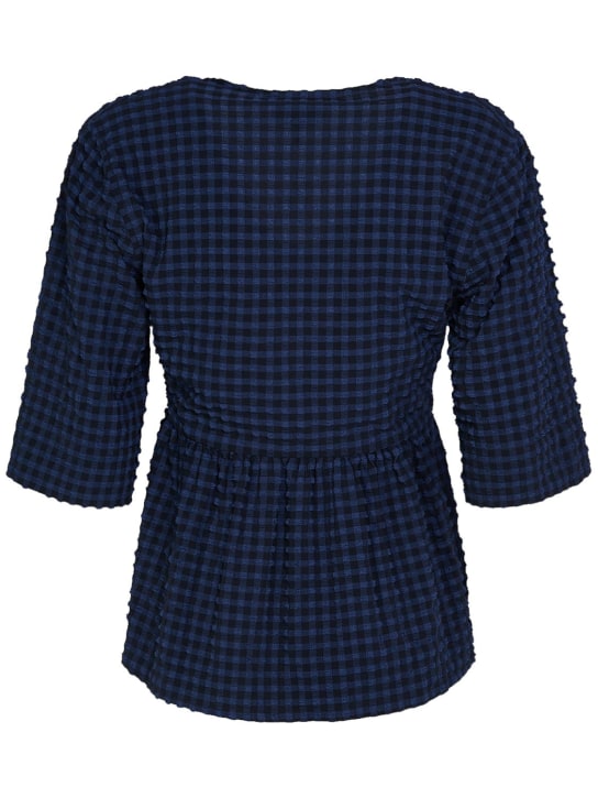 GANNI: Seersucker stretch tech V-neck top - Blue - women_4 | Luisa Via Roma