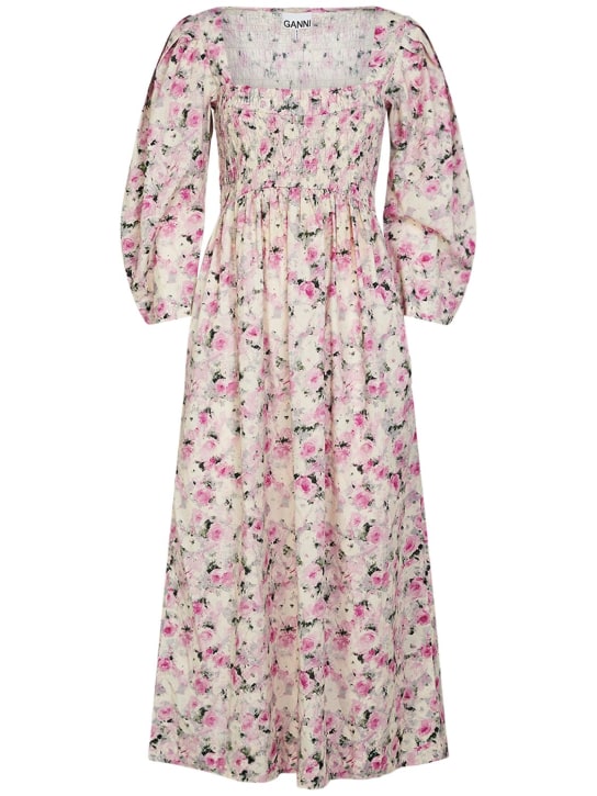 GANNI: Smocked printed cotton long dress - Renkli - women_0 | Luisa Via Roma