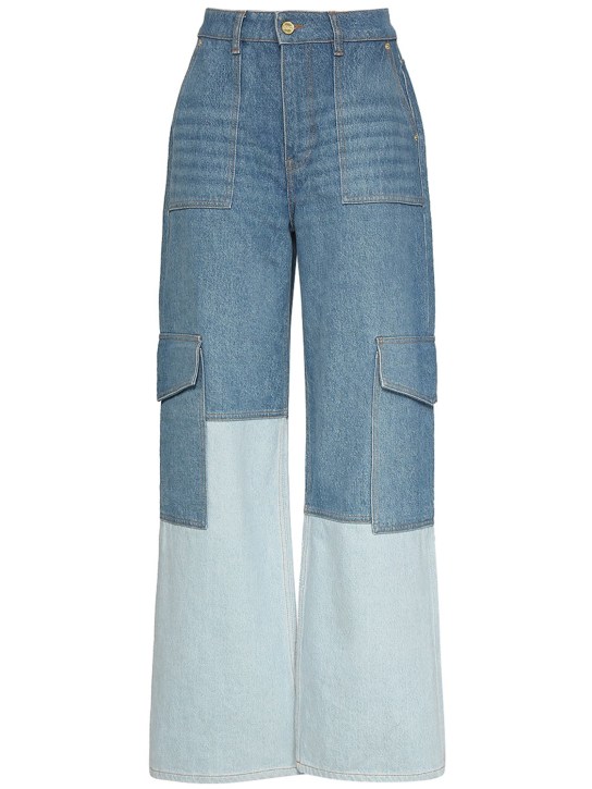 GANNI: High rise cotton denim cargo jeans - Mavi - women_0 | Luisa Via Roma