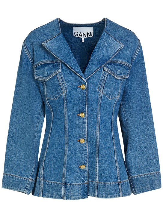 GANNI: Fitted cotton denim blazer - Mavi - women_0 | Luisa Via Roma