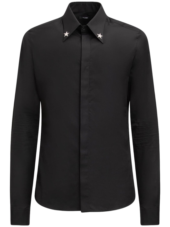 Balmain: 星星刺绣领口棉质衬衫 - 黑色 - men_0 | Luisa Via Roma