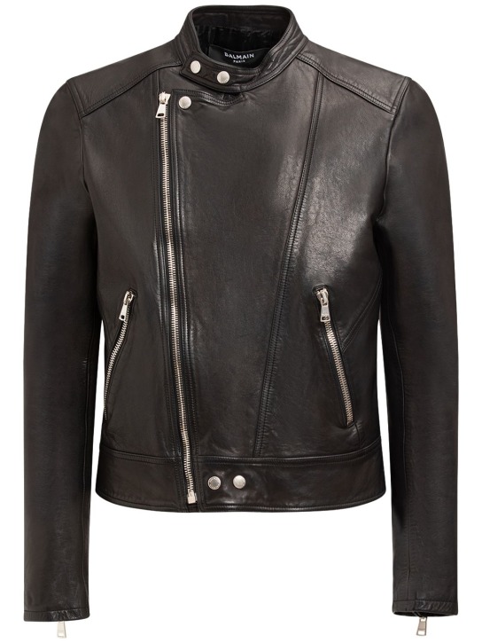 Balmain: Zipped leather biker jacket - Black - men_0 | Luisa Via Roma