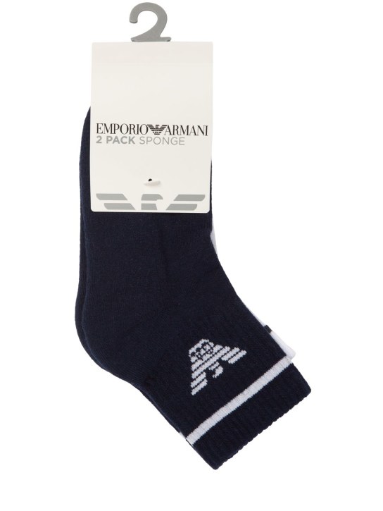 Emporio Armani: Set de 2 calcetines de algodón con intarsia - Marino/Blanco - kids-boys_0 | Luisa Via Roma