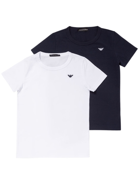 Emporio Armani: Set of 2 cotton jersey t-shirts w/ logo - Mavi/Beyaz - kids-boys_0 | Luisa Via Roma