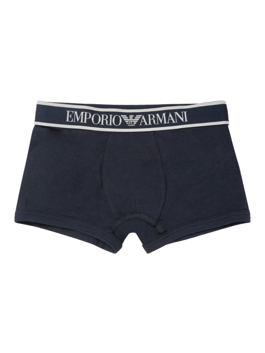 Emporio Armani: Logo棉质平角内裤2个套装 - 海军蓝/白色 - kids-boys_1 | Luisa Via Roma