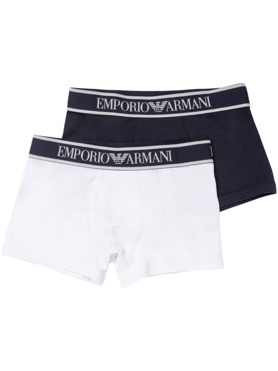 Emporio Armani: Logo棉质平角内裤2个套装 - 海军蓝/白色 - kids-boys_0 | Luisa Via Roma