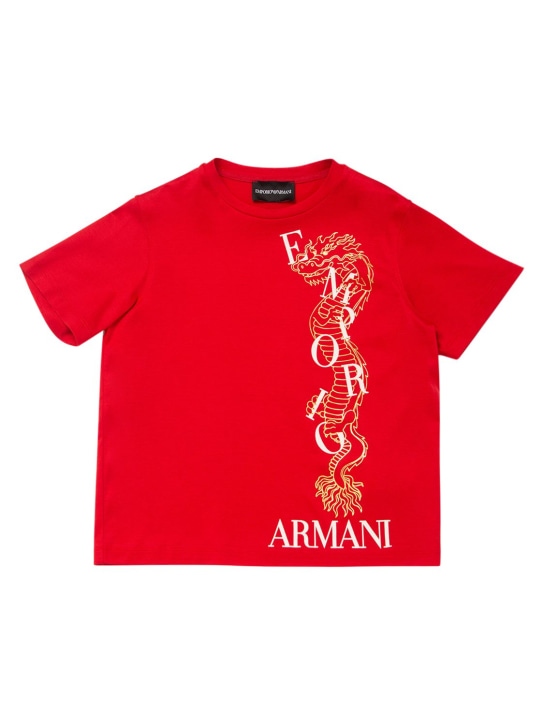 Emporio Armani: Printed cotton blend jersey t-shirt - Kırmızı - kids-boys_0 | Luisa Via Roma