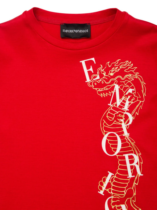 Emporio Armani: T-shirt en jersey de coton mélangé imprimé - Rouge - kids-boys_1 | Luisa Via Roma