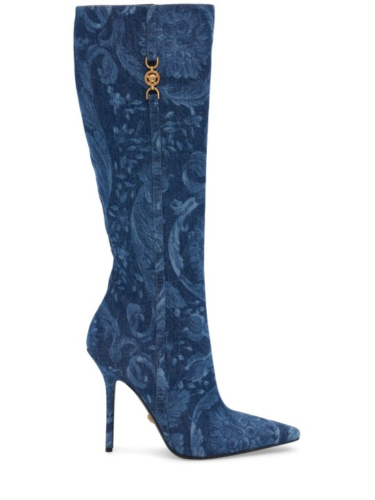 Versace: 110mm Printed denim tall boots - Denim - women_0 | Luisa Via Roma