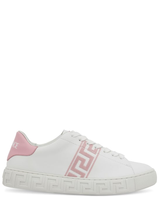 Versace: Embroidered faux leather sneakers - White/Pink - women_0 | Luisa Via Roma