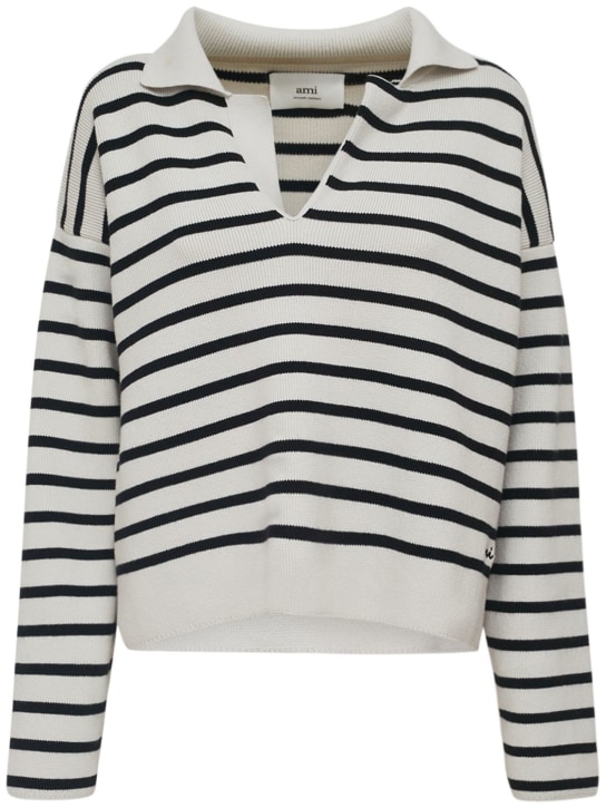 AMI Paris: Striped cotton & wool polo sweater - Siyah/Beyaz - women_0 | Luisa Via Roma