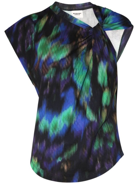 Marant Etoile: Nayda printed cotton top w/ knot - Blue/Green - women_0 | Luisa Via Roma