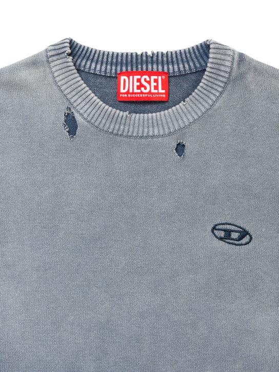 Diesel Kids: Pull-over en maille torsadée de coton à logo - Bleu - kids-boys_1 | Luisa Via Roma