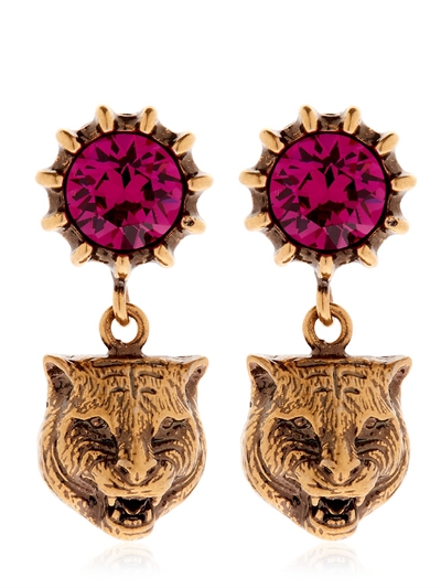 gucci - 猫头&水晶耳环 - 桃红色